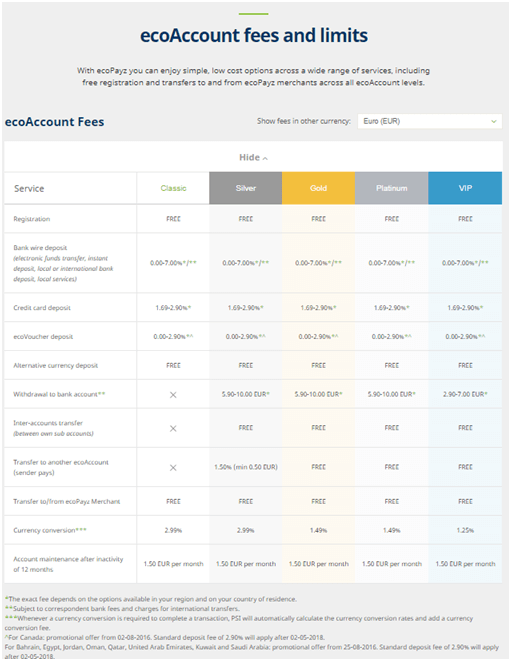 EcoPayz- Types of accounts